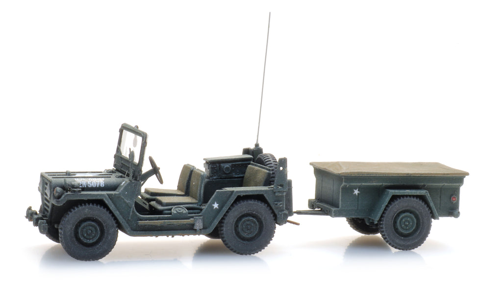 Artitec US M151 Jeep + M416 Trailer Forest Green 6870569 – 1:87 HO Scale Model
